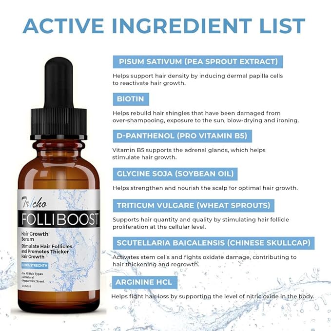 Tricho Labs Folliboost Hair Growth Serum - Natural-Based Formula w/Biotin & Peppermint Oil - Hair Care for Thicker & Fuller Hair - 2oz, 6-Pack