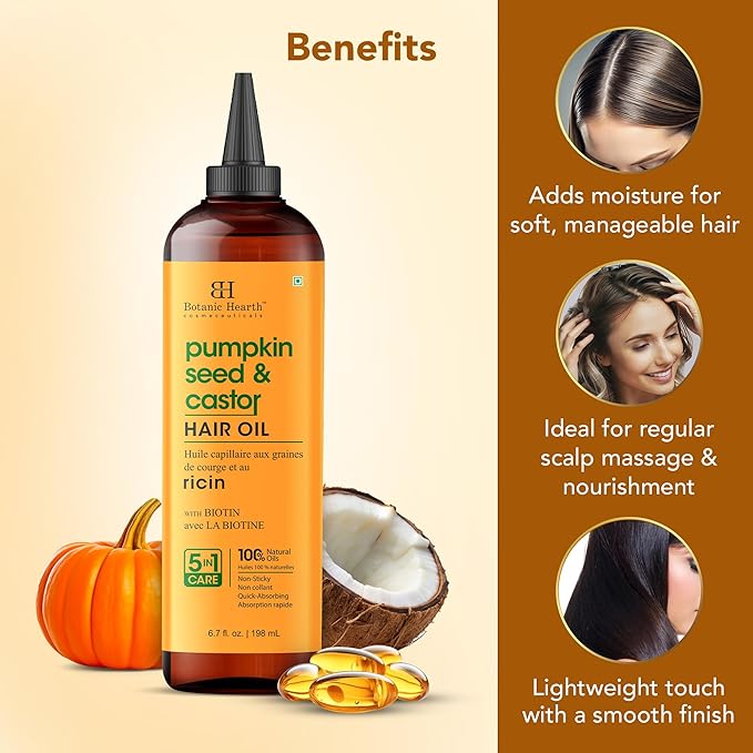 Botanic Hearth Hair Oil for Hair Growth | Strengthening Dry, Frizzy, Damaged Hair & Scalp Treatment | No Parabens or Harmful Sulfates | All Hair Types | Pumpkin & Castor Hair Oil - 6.7 Fl Oz