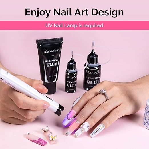 MelodySusie Nail Rhinestone Glue, 3D Gel Nail Art Design Strong Adhesive Nail Gem Glue for Nail Charms Gems Jewelry Decoration DIY Manicured at Home Cured Need Beauty Gifts for Women 30ml