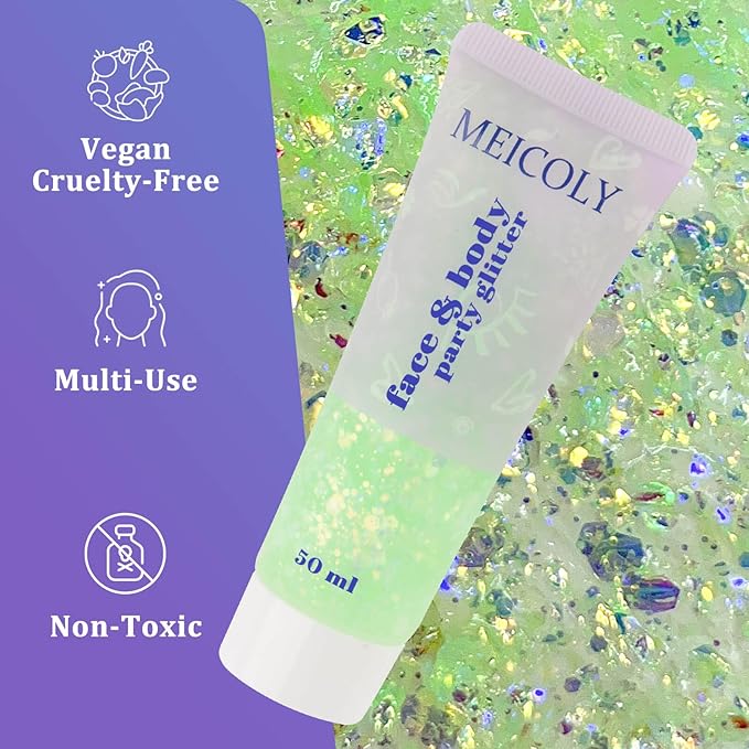 MEICOLY Lime Green Body Glitter,Chunky Chameleon Face Glitter for Halloween Alien Makeup,Color Changing Mermaid Face Glitter Gel,Holographic Glitter for Face Body Hair,Festival Party Cheer Glitter