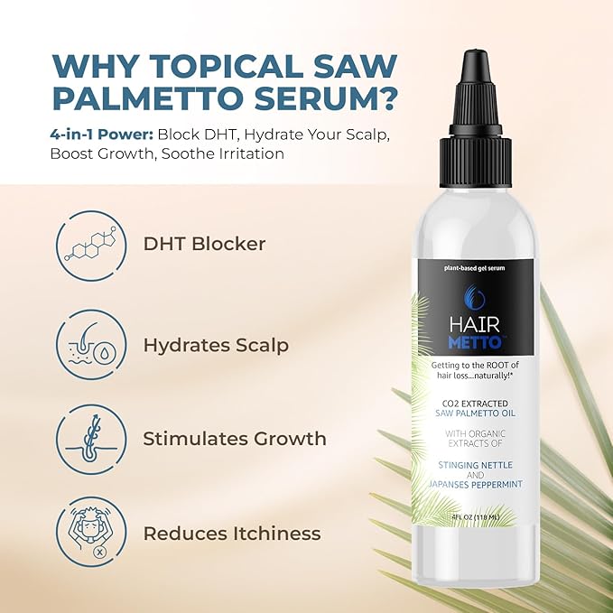 HAIRMETTO Saw Palmetto Extract Serum for Hair Loss, Hair Growth Serum with Stinging Nettle, Rosemary Oils and Peppermint Scent, Hair Serum for Men and Women - 4oz (118ml)