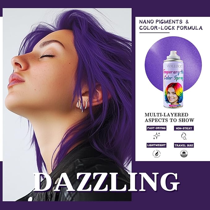 Purple Hair Spray Temporary, Hair Color Spray 1-Day Hair Dye Colored for Kids Women Men, Hair Wax Color Washable, Hair Paint Halloween Fast-Drying 4.06 Fl Oz