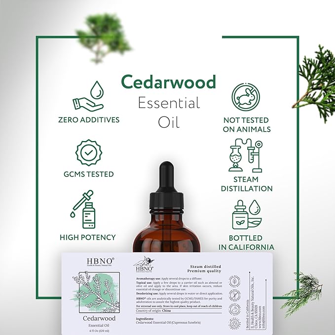 HBNO Cedarwood Essential Oil - Huge 4 oz (120ml) Value Size - Natural Cedarwood Oil - Perfect for Cleaning, Aromatherapy, DIY, Soap & Diffuser