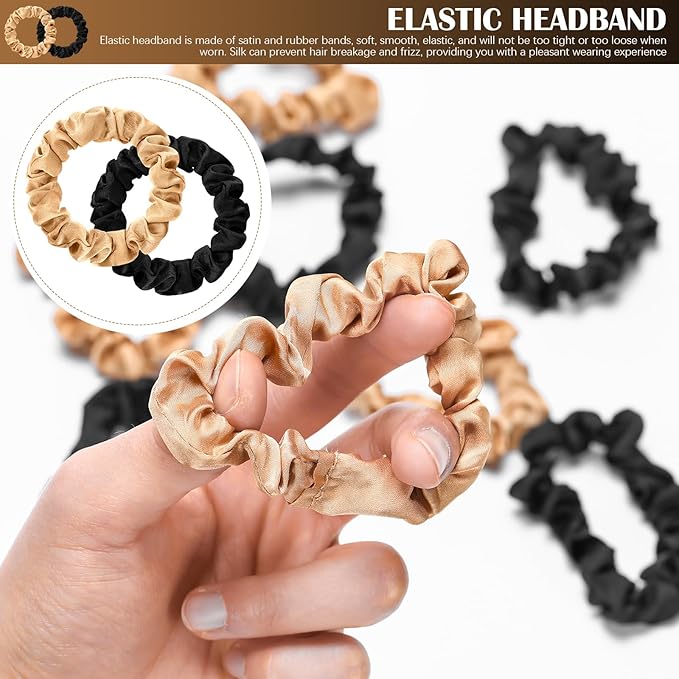 WILLBOND 30 Pcs Small Satin Silk Scrunchies Bulk for Women, Thin Hair Ties Mini Scrunchy Bands Skinny Ponytail Holders for Thick Curly Hair Pony Tails Wrist Decor(Black, Gold)