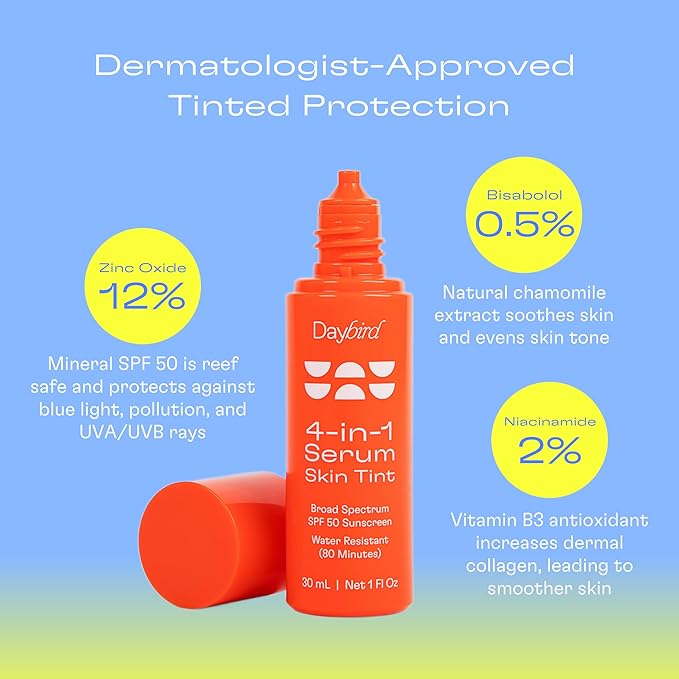 Daybird 4 in 1 Tinted Serum, Tinted Moisturizer and Sunscreen for Face, SPF 50+ Niacinamide, 1 Ounce (light)