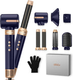 UKLISS Hair Dryer Brush 7 in 1，110000 RPM Hair Dryer with Diffuser for Curly & Twisted Hair Professional Ionic Brush Blow Dryer for Salon-Quality Styling (Blue Gold)