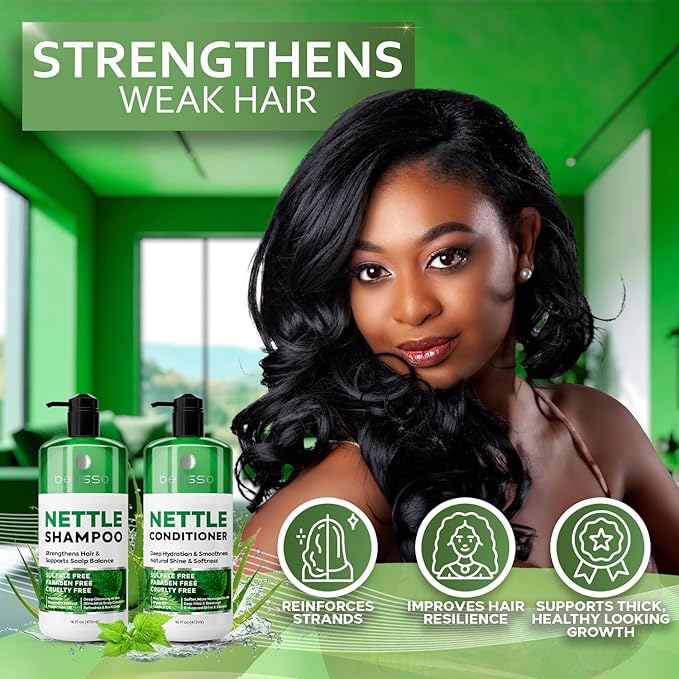 Nettle Shampoo and Conditioner Set - Sulfate Free to Boost Volume - Thickening, Strengthening, Volumizing Formula for Fine and Thinning Hair Women and Men - 16 Fl Oz (Pack of 2)