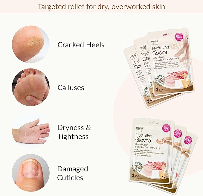 Epielle Hydrating Hand & Foot Masks, Relieve and Soften for Dry, Overworked Skin, Self Care Gifts for Women, Spa Kit, Stocking Stuffers, 6 Moisturizing Gloves & 6 Moisturizing Socks