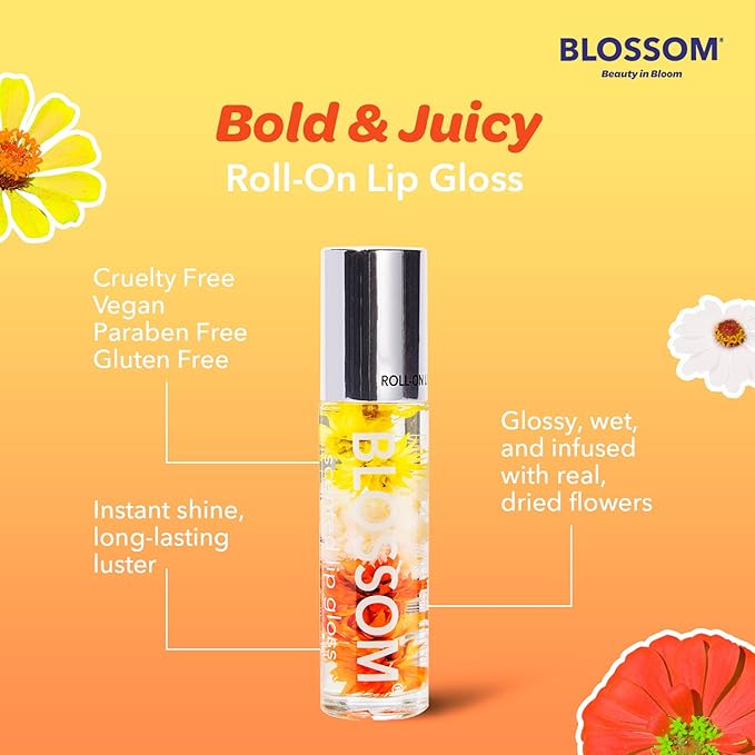 Blossom Roll on Lip Gloss, Gourmand Scented Clear High Shine Moisturizing Lip Oil, Non Sticky, Infused with Real Flowers, Made in USA, 0.2oz, Almond Biscotti