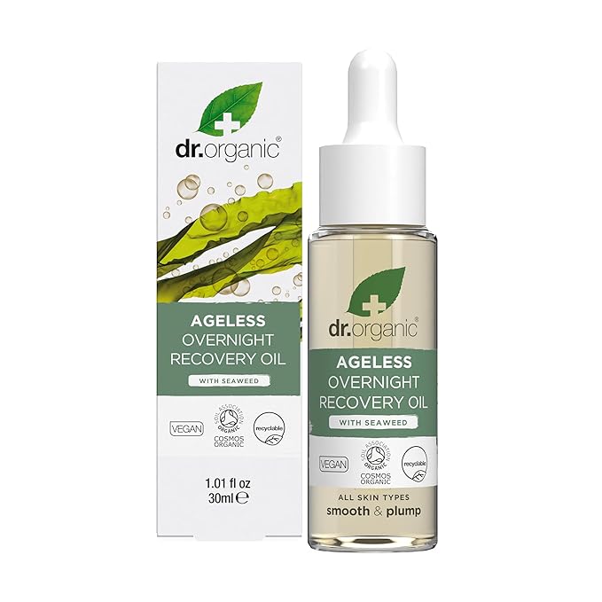Dr. Organic Ageless Overnight Recovery Oil with Seaweed | Smoothing and Plumping, Maximum Hydration for All Skin Types, Dermatologically Tested, Certified Organic, Paraben & SLS-Free, 30 mL / 1 fl oz