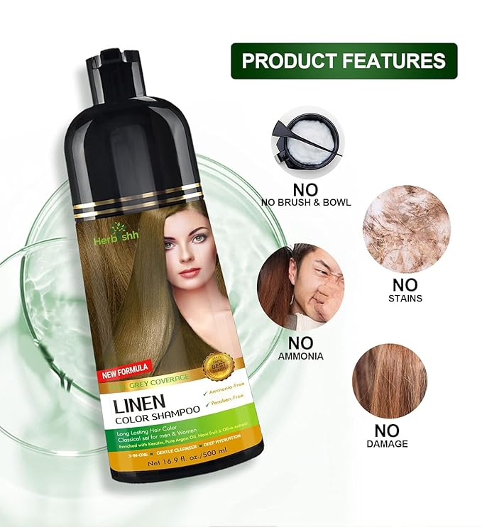 Herbishh Hair Color Shampoo - Magic Gray Hair Dye, Long-Lasting 3-in-1 Coloring Formula, 500ml, Ammonia-Free (Linen)