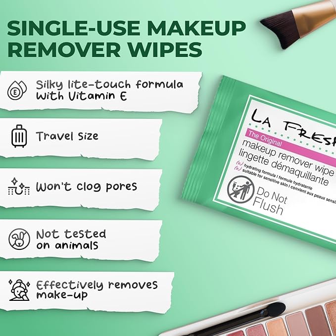 LA Fresh Makeup Remover Wipes with Vitamin E - Make up Remover for Face, Eyes, Lips - Face Travel Essentials - Case of 50ct Makeup Wipes