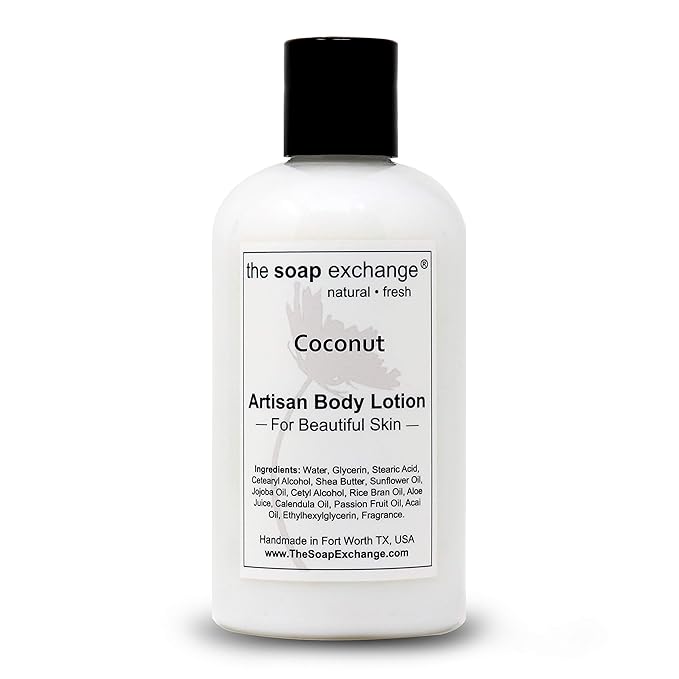 The Soap Exchange Body Lotion - Coconut Scent - Hand Crafted 8 fl oz / 240 ml Natural Artisan Skin Care for Hand, Face, & Body, Moisturize, Hydrate, & Protect. Made in the USA.
