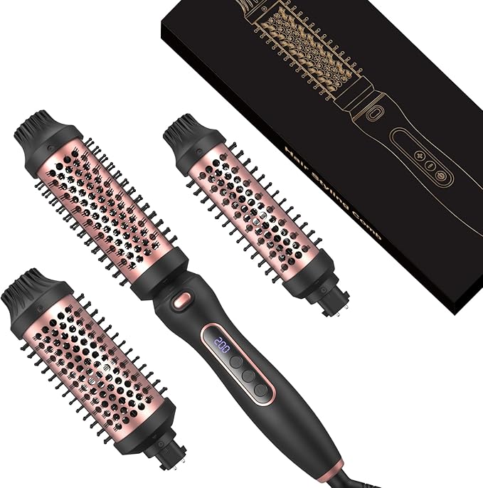 Thermal Brush Set 3-in-1 Curling Iron Brush Set, Dual Voltage 110-220V Thermal Hair Brush with 11 Temp Settings, 3 Interchangeable Travel Curling Irons (1.25“, 1.5”, & 1.75" Barrels) (Pink)