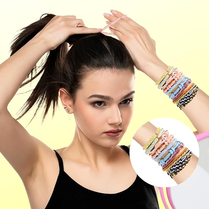 Boho Hair Ties Bracelets for Women, 48PCS Hair Tie Bracelets 5 Styles Boho Hair Accessories 20 Colors Hair Ties No Damage for Thick Hair