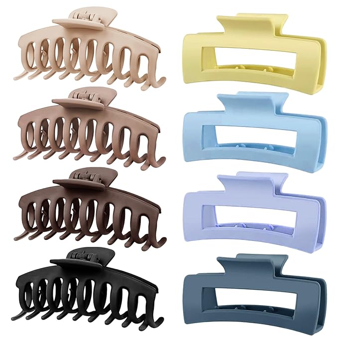 TOCESS Jumbo 4.33 Inch Hair Claw Clips for Women, 8 Pack Matte Non-Slip Rectangle Clips for Thick, Curly, Long or Straight Hair Girls