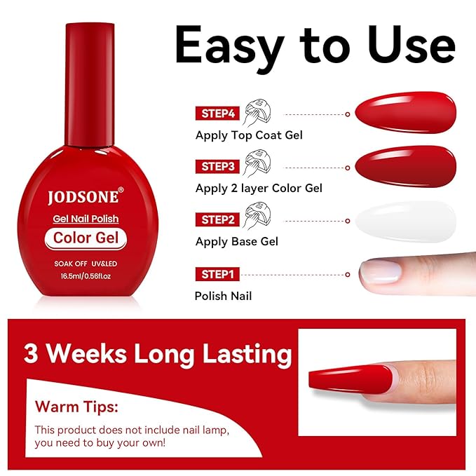 JODSONE 16.5ml Christmas Red Color Soak Off UV LED Gel Nail Polish Winter Nail Art Design Daring Grace Manicure Glossy & Long Lasting for Salon DIY Home Colorful Bottle Gifts for Women