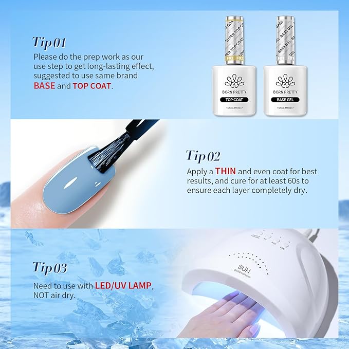 Born Pretty Christmas Blue Gel Nail Polish,Light Baby Sky Blue to Dark Navy Royal Shades 6 Colors Glitter Nail Gel Polish Kit Nail Art Manicure DIY Set Home and Salon Holiday Gifts