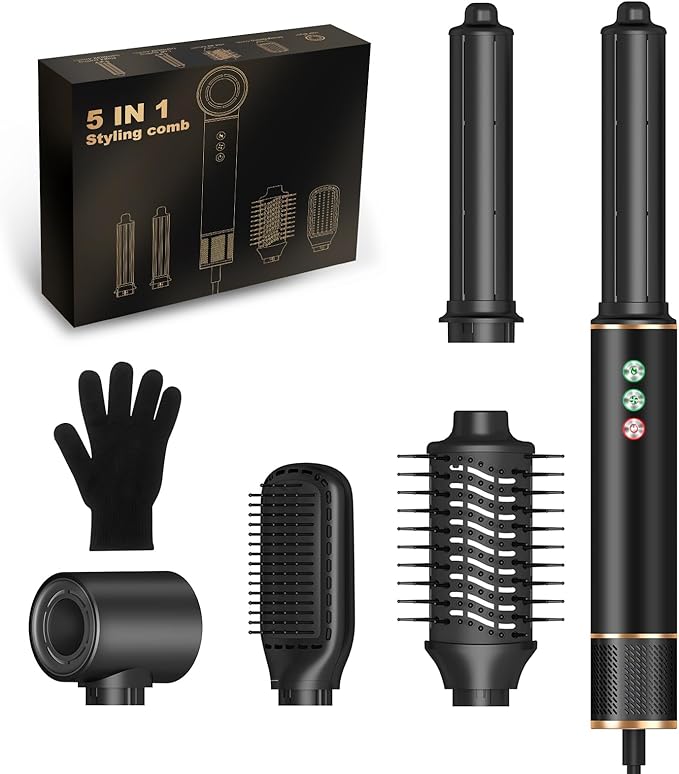 5-in-1 Hair Styler & Dryer, 110,000 RPM Ionic, Auto-Wrap Curling Barrels (L/R), Oval Volumizer & Straightening Brush, 3 Heat/3 Speed, Quick-Lock