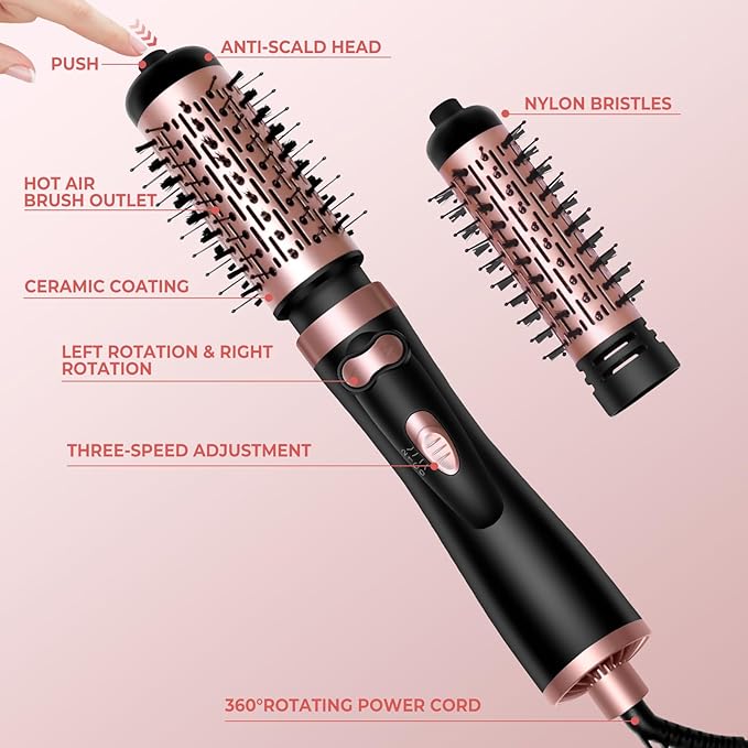 Hair Dryer Brush, 3-in-1 Rotating Round Hot Air Spin Brush Set with 2 Brushes (2" & 1.5"), Negative Ionic Blow Volumizer, 2 Detachable Auto-Rotating Curling Brush, Blow Dryer Brush,Dry as You Style