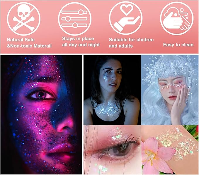 Go Ho Black Face Body Glitter,Halloween Face Paint Glitter Makeup,Holographic Chunky Sequins Glitters for Festival Cosplay SFX Costume,Festival Rave Accessories,Eye Black Glitter Gel