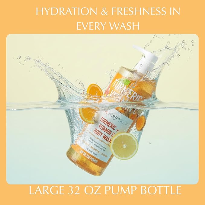SpaScriptions Turmeric & Vitamin C Body Wash – Brightening Gentle Exfoliation Shower Gel Scrub for Men & Women with Brown Sugar & Hyaluronic Acid for Radiant Glowing Skin, Scented, Paraben Free, 32oz