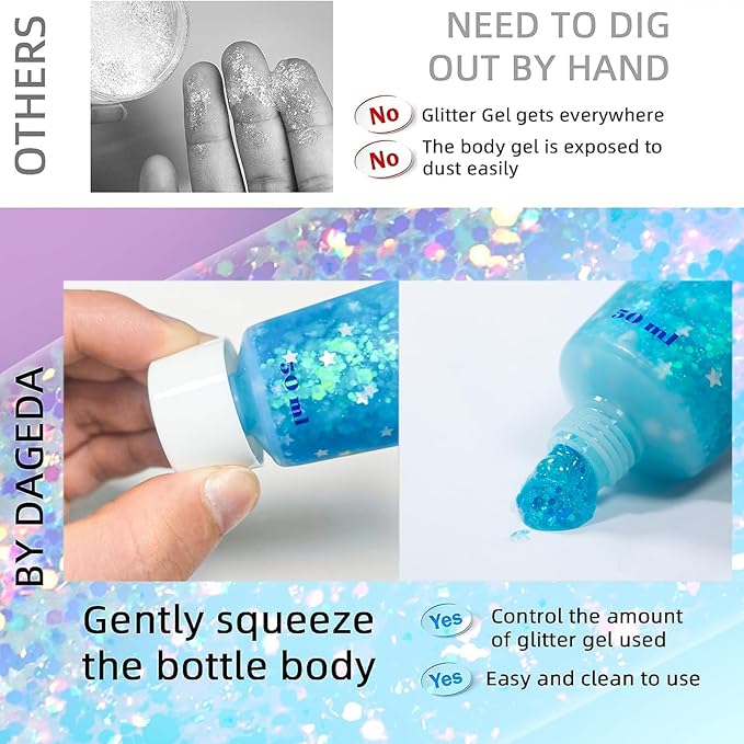 DAGEDA Body Glitter Gel, Face Glitters Body Gel Sequins Shimmer Liquid Eyeshadow, Chunky Glitter for Face Hair Nails, Holographic Cosmetic Laser Powder Festival Glitter Makeup 1.7oz (Lake Blue)