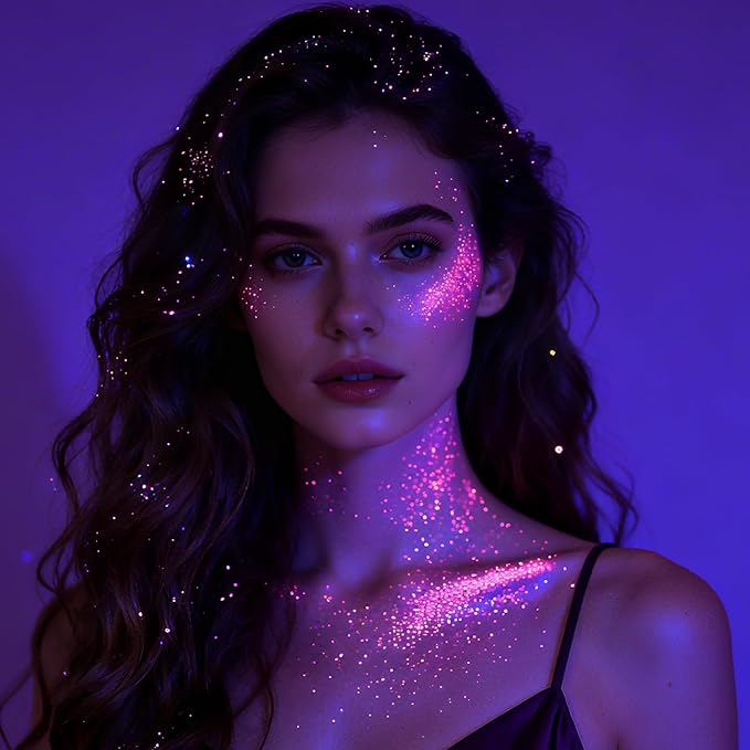 DAGEDA Light-Reactive to Pink Body Glitter Gel, Holographic Face Glitter Rave Party Accessories, Chunky Glitters for Hair Eyes Nails, Cosmetic Laser Powder Festival Sequins Paint Makeup