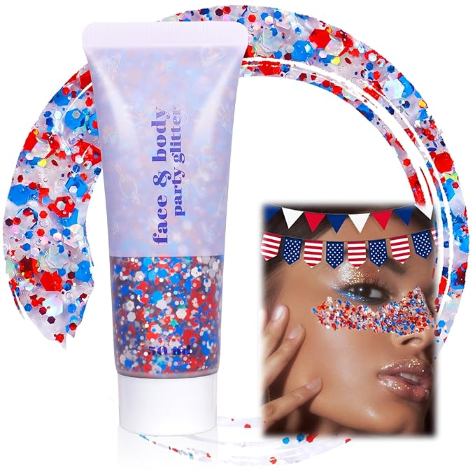 Boko Independence Day Body Glitter Gel, 50ML Red White Blue Chunky Glitter Gel for Face Hair Body Makeup, Patriotic Glitter for 4th of July Memorial Day Veterans Day Flag Party Event Rave Accessories
