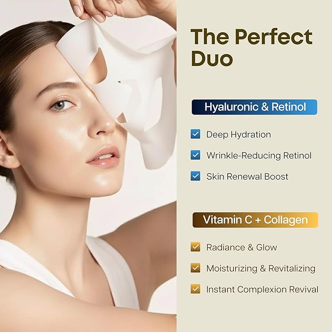 Clear Beauty Hyaluronic & Retinol + Vitamin C Collagen Face Mask Duo – Hydrating, Firming & Revitalizing For Dull Or Aging Skin – Dermatologist Tested, Korean Skin Care, Clean Beauty – 10 Sheets