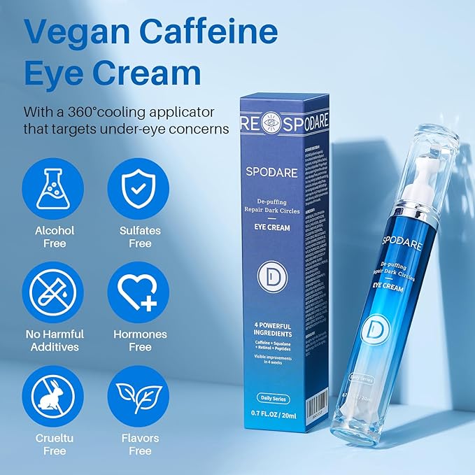 Caffeine Eye Cream, Under Eye Cream for Dark Circles, Puffiness & Puffy Bags, Wrinkles Fine Lines, Eye Roller Serum with 360° Massage Ball for Women and Men - 0.7 fl. oz