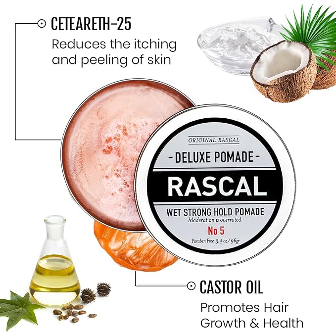 Original Rascal Deluxe Pomade #5 - Hair Paste High Shine w/Strong Hold & Wet Look - Men's Styling Care Solution for All Hair Type - Natural Made with Ceteareth-25 & Castor Oil for Hair Growth Health