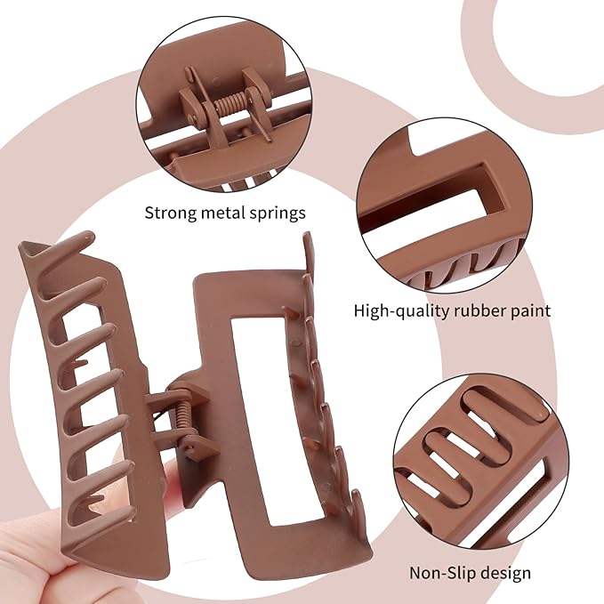 4 Inch Big Hair Claw Clips 6 Pcs Large Claw for Thick Hair Square Hair Clips for Women Rectangle Hair Clips Nonslip Acrylic Banana Jaw Clips Hair Accessories for Girls (Coffee Brown)