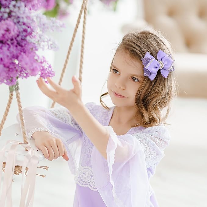 4" Sparkly Glitter Sequin Ribbon Hair Bow Clips,Pearl Wedding Boutique Alligator Barrettes Pins for Teens Toddler,Cheerleader Girls Kids Birthday Party Dress Decor Accessory (Light Purple)