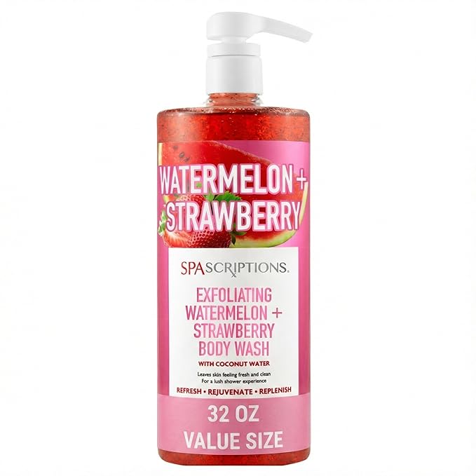 SpaScriptions Watermelon & Strawberry Exfoliating Body Wash - 32 fl oz Scented Natural Daily Cleanse Body Scrub Gel with Moisturizing Coconut Water for Smooth Radiant Refreshing Skin, Paraben Free