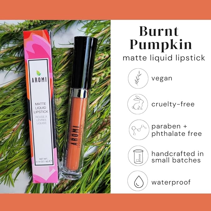 Aromi Matte Liquid Lipstick | Long-Lasting, Waterproof, Smear, Smudge + Transfer Proof, Nutmeg Orange Lip Color, Paraben, Phthalate, + Gluten Free (Burnt Pumpkin)