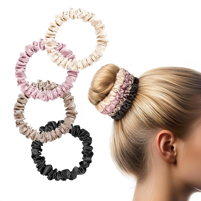 Zenssia Silk Scrunchies for Hair, 4PC Pure Mulberry Silk Hair Ties No Damage, Skinny Elastic Scrunchies for Fine & Thin Hair, Black Champagne Coffee Light Plum