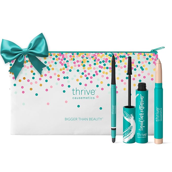 Thrive Causemetics Award-Winning Trio Kit, Makeup Gift Set for Women, Liquid Lash Extensions Mascara (Brynn), Brilliant Eye Brightener Highlighter Stick (Stella), Infinity Waterproof Eyeliner (Lauren)
