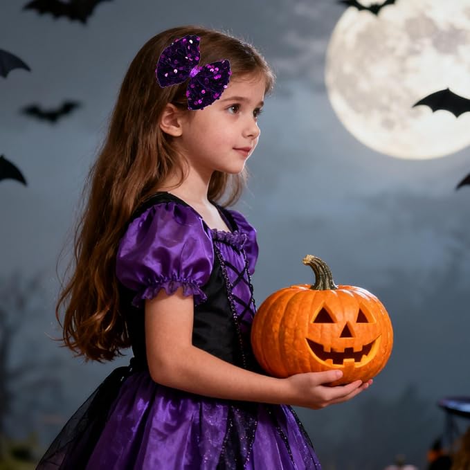 Velvet Sequin Hair Bows Elegant Purple Bow for Women Girls, 4in Glitter Handmade Hair Clips Alligator Clips Ponytail Holder Sparkly Hair Accessories for Helloween, Christmas, Birthday Party, Wedding