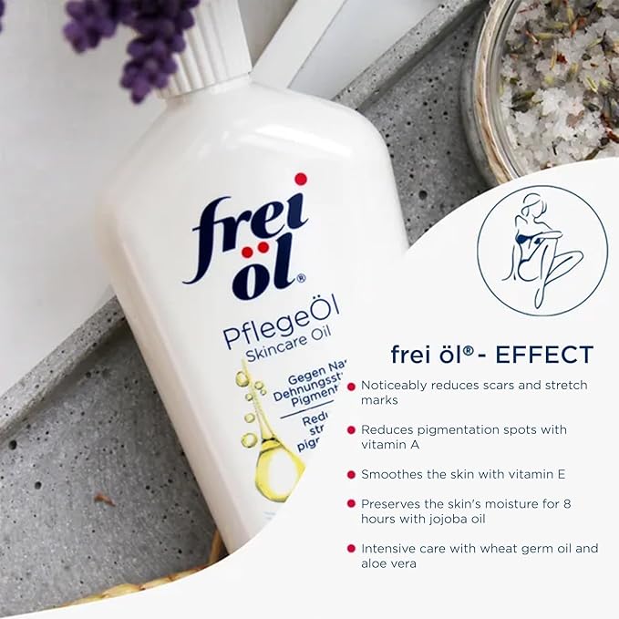 frei öl skincare oil – fast absorbing, nourishes skin soft and smooths – excellent as body oil for stretch marks removal and vitamin e oil for scars, microbiome-friendly and vegan, 125 ml / 4.23 Fl Oz