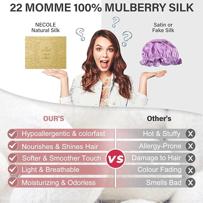 Silk Bonnet for Women 100% Mulberry Silk Sleep Cap 22 Momme Double Layer Hair Wrap for Curly Short Long Hair