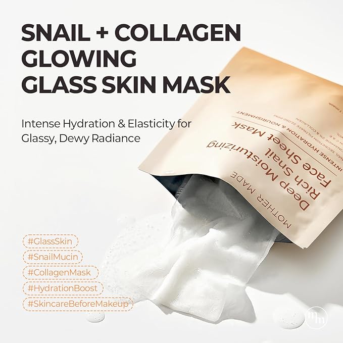 MOTHER MADE Glowing Glass Skin Hydrating Snail Deep Collagen Face Masks 10 EA, with Niacinamide 2%, Vitamin E, Facial Masks for Dry, Sensitive Skin, Kbeauty Essentials, Self Care, Korean Skincare
