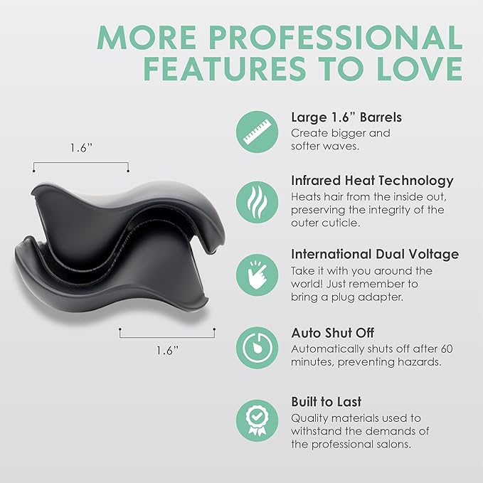 MINT Double Barrel Mermaid Hair Waver for Long Hair | Ionic Deep Waver Tool Creates Volume & Large Beach Waves | Wave Crimper Tool | Waving Iron with Adjustable Temperature