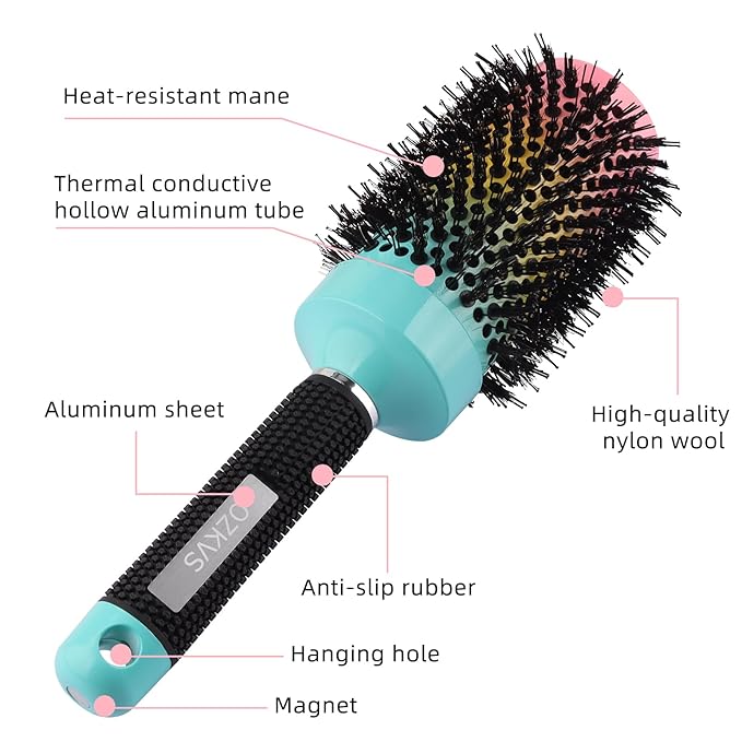 4 Piece Boar Bristle Hair Brush Set for Fine & Thick Hair - Round & Paddle Brushes for Blow Drying,Curl Defining & Wet Hair,Travel Combs (Includes 2 Clips)