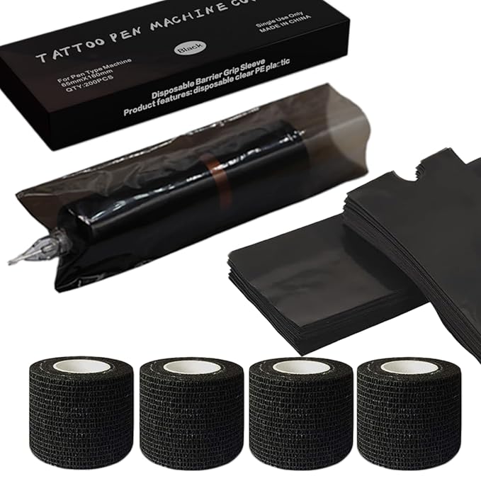 204Pcs Tattoo Pen Covers & Grip Wrap - Black, 200 Covers & 4pcs Grip Tape, Tattoo Machine Parts, Adult