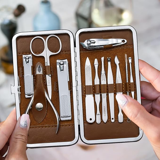FAMILIFE Manicure Set, Professional Nail Kit Nail Clipper Set, 12PCS Stainless Steel Manicure Kit, with Brown Leather Travel Case Luxury Gifts for Him