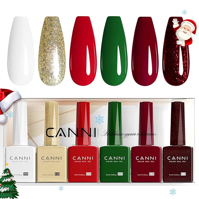 CANNI 6Pcs 9ml Gel Nail Polish Set- White Glitter Gold Emerald Green Burgundy Red Gel Polish Kit Christmas Colors DIY at Home Salon New Year's Gifts for Girls