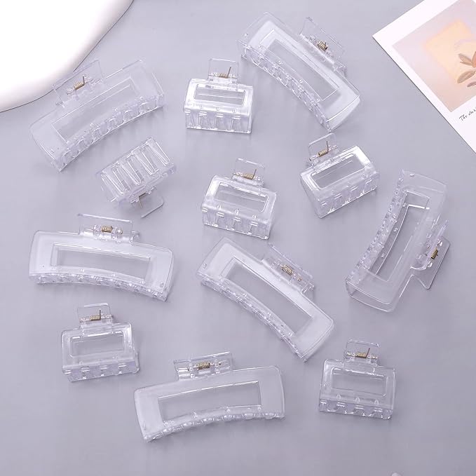 12 Pack Clear Square Claw Clips, Big and Small Neutral Rectangle Hair Claw Clips, Non-slip Matte Large Hair Clips for Women,Strong Hold jaw clip for Thick Thin Hair