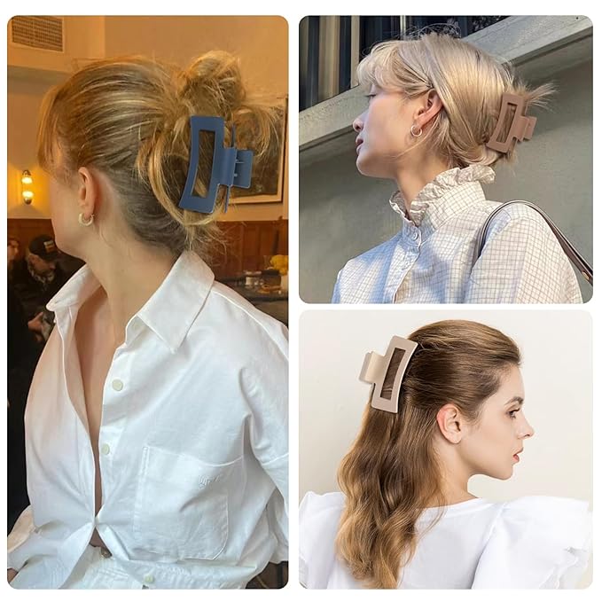 Hair Clip, 3.5 Inch Medium Hair Claw Clips 6 Pack for Women - Brown, Blue, Beige, White, Square, Rectangle, Banana, Jaw Styles