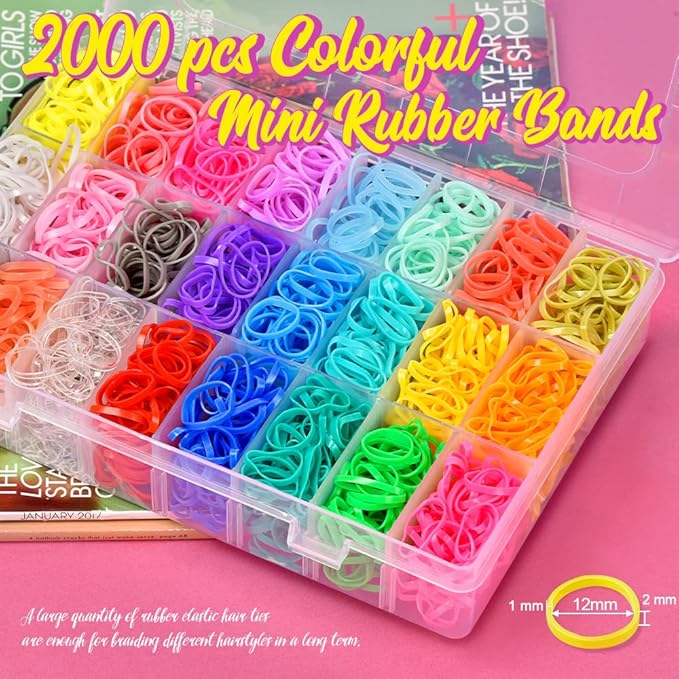 TsMADDTs 24 Colors Rubber Bands, 2000PCS Elastic Hair Ties with Organizer Box, Rubber Bands with Tail Tools and Comb, Hair Accessories for Girls Kids Baby Toddler